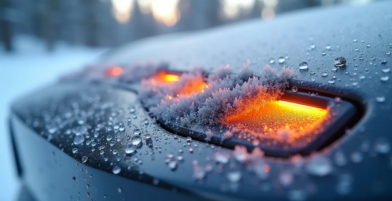 Véhicule électrique moderne traversant un paysage enneigé canadien avec système de gestion thermique visible