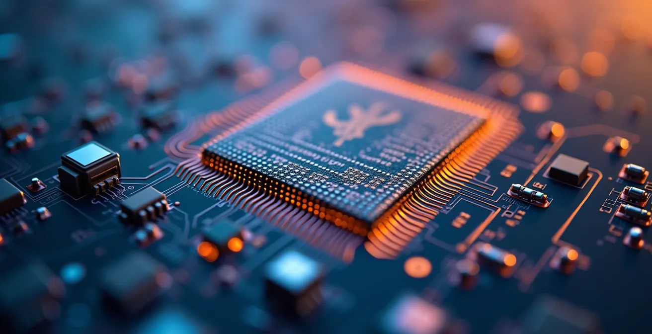 Vue macro détaillée d'une puce électronique canadienne avec reflets métalliques et textures complexes