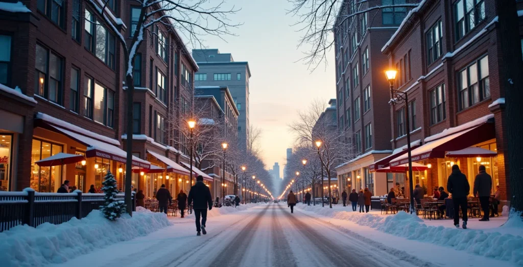 Une rue d'Edmonton aménagée pour l'hiver avec des bâtiments orientés pour capter le soleil, des espaces publics protégés du vent et des habitants profitant de l'extérieur malgré le froid.